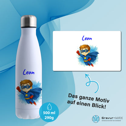 Thermoflasche 500ml in Weiß bedruckt mit tollen Motiven für Kinder "Superheld" personalisierbar mit Wunschname