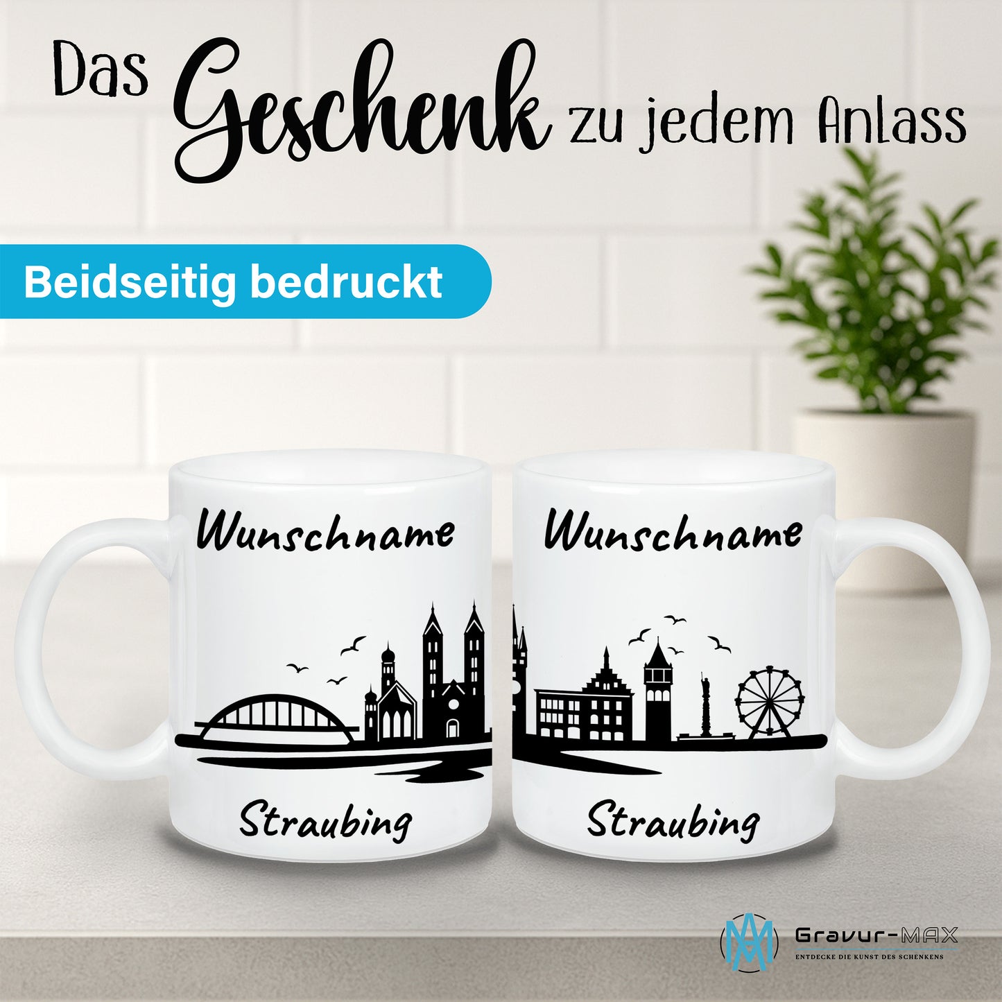 Tasse in Weiß 330ml bedruckt mit der Skyline von Straubing personalisierbar mit Wunschname