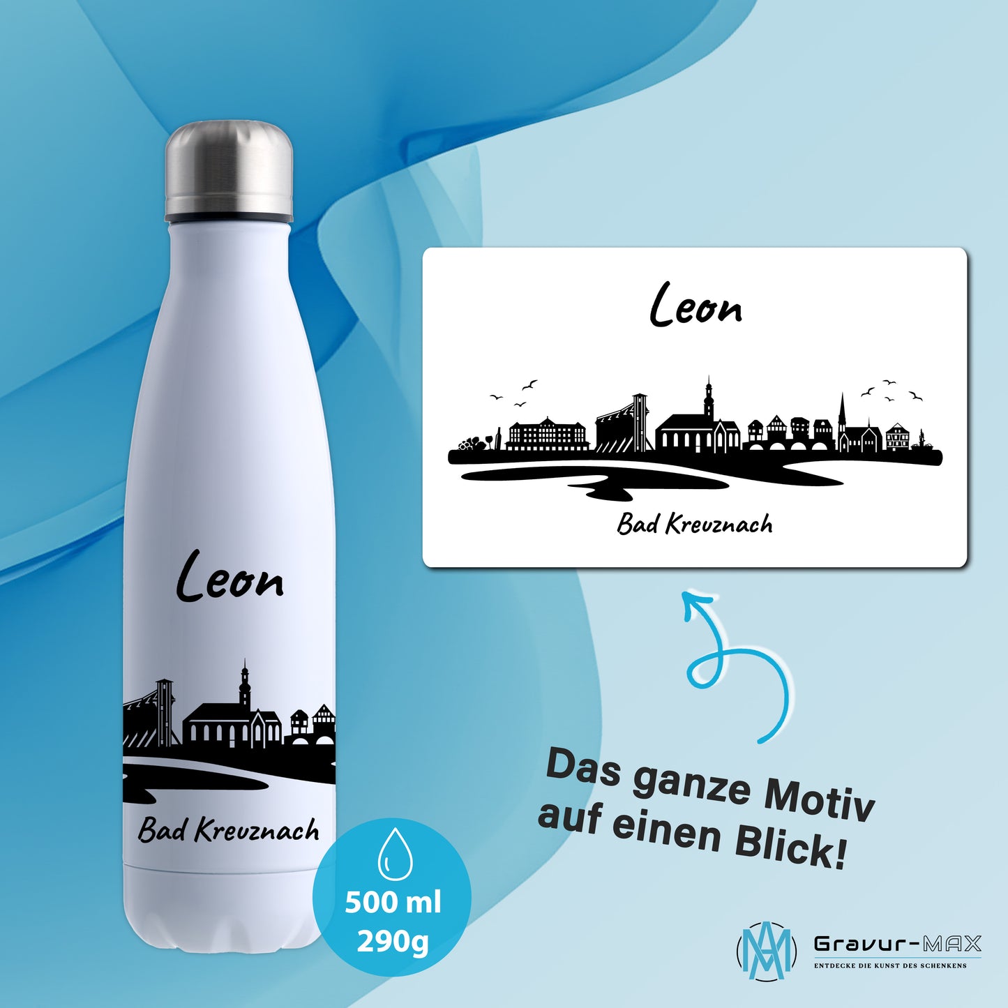 Trinkflasche in Weiß 500ml aus Edelstahl bedruckt mit der Skyline von Bad Kreuznach personalisierbar mit Wunschname