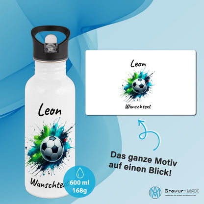 Trinkflasche mit Strohhalm in Weiß 600ml bedruckt mit Fußball Motiven"Motiv8" personalisierbar für Kinder mit Wunschname aus Edelstahl