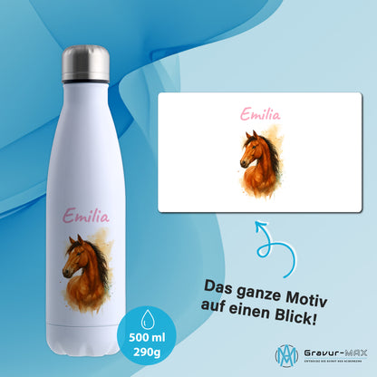 Thermoflasche 500ml in Weiß bedruckt mit tollen Motiven für Kinder "Pferd" personalisierbar mit Wunschname
