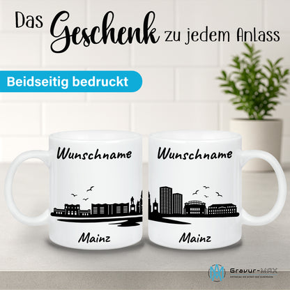 Tasse in Weiß 330ml bedruckt mit der Skyline von Mainz personalisierbar mit Wunschname