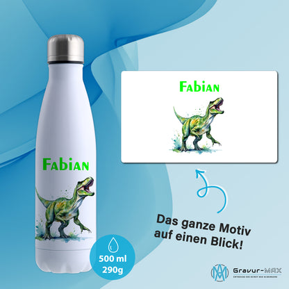 Thermoflasche 500ml in Weiß bedruckt mit tollen Motiven für Kinder "Dino T-Rex" personalisierbar mit Wunschname