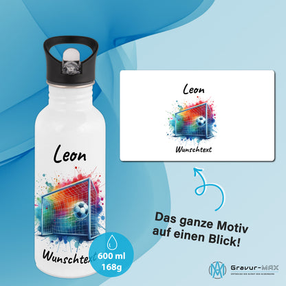 Trinkflasche mit Strohhalm in Weiß 600ml bedruckt mit Fußball Motiven"Motiv5" personalisierbar für Kinder mit Wunschname aus Edelstahl