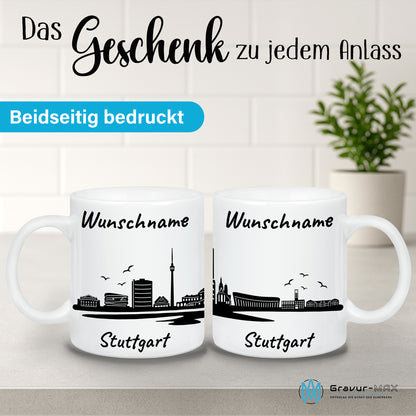 Tasse in Weiß 330ml bedruckt mit der Skyline von Stuttgart personalisierbar mit Wunschname