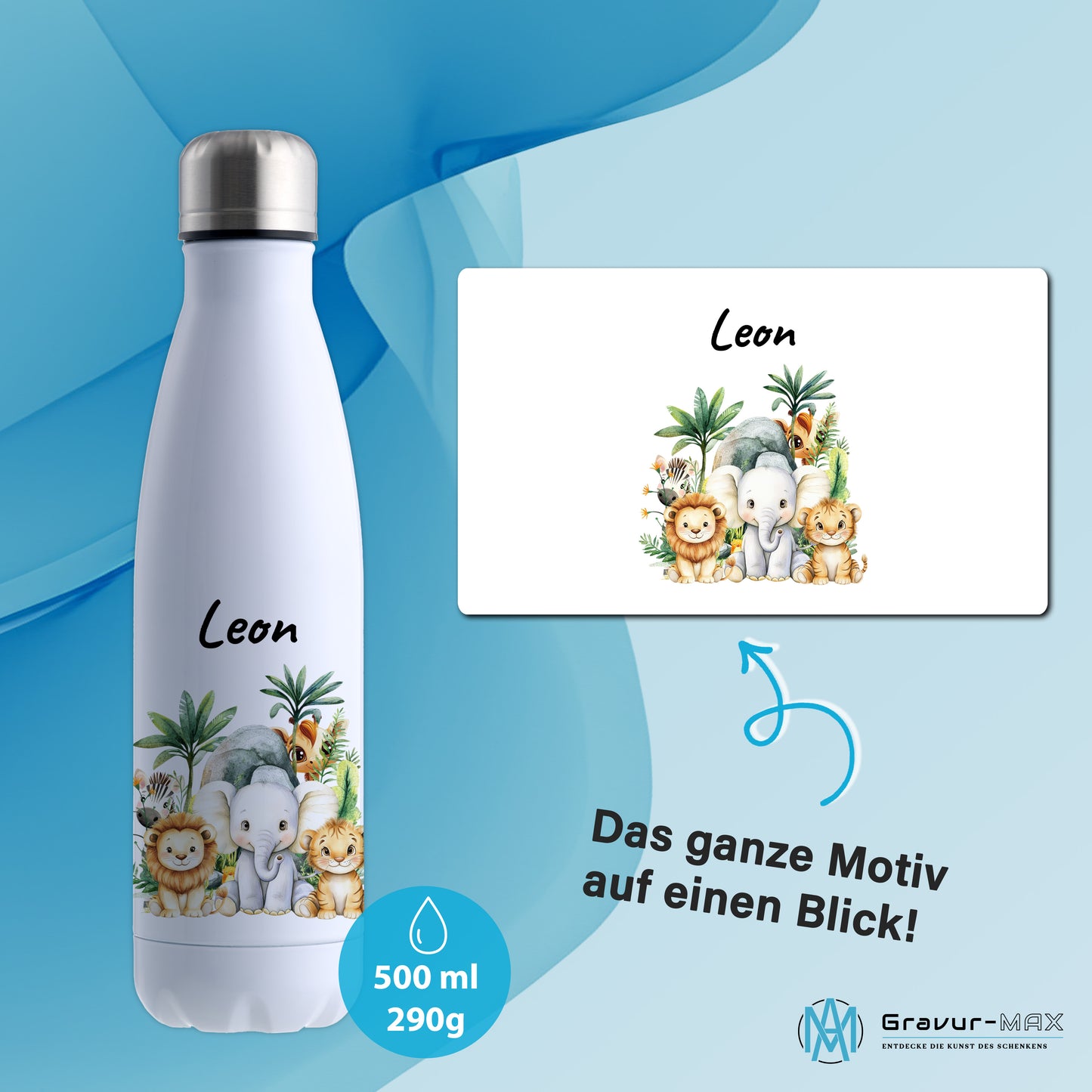 Trinkflasche in Weiß 500ml aus Edelstahl bedruckt mit Dschungel Tieren"Dschungel Tiere" personalisierbar für Kinder mit Wunschname