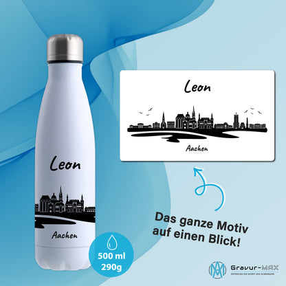 Trinkflasche in Weiß 500ml aus Edelstahl bedruckt mit der Skyline von Aachen personalisierbar mit Wunschname