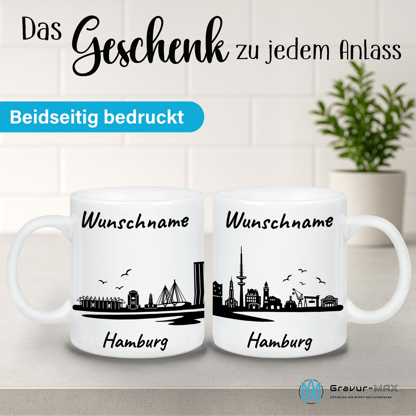 Tasse in Weiß 330ml bedruckt mit der Skyline von Hamburg personalisierbar mit Wunschname