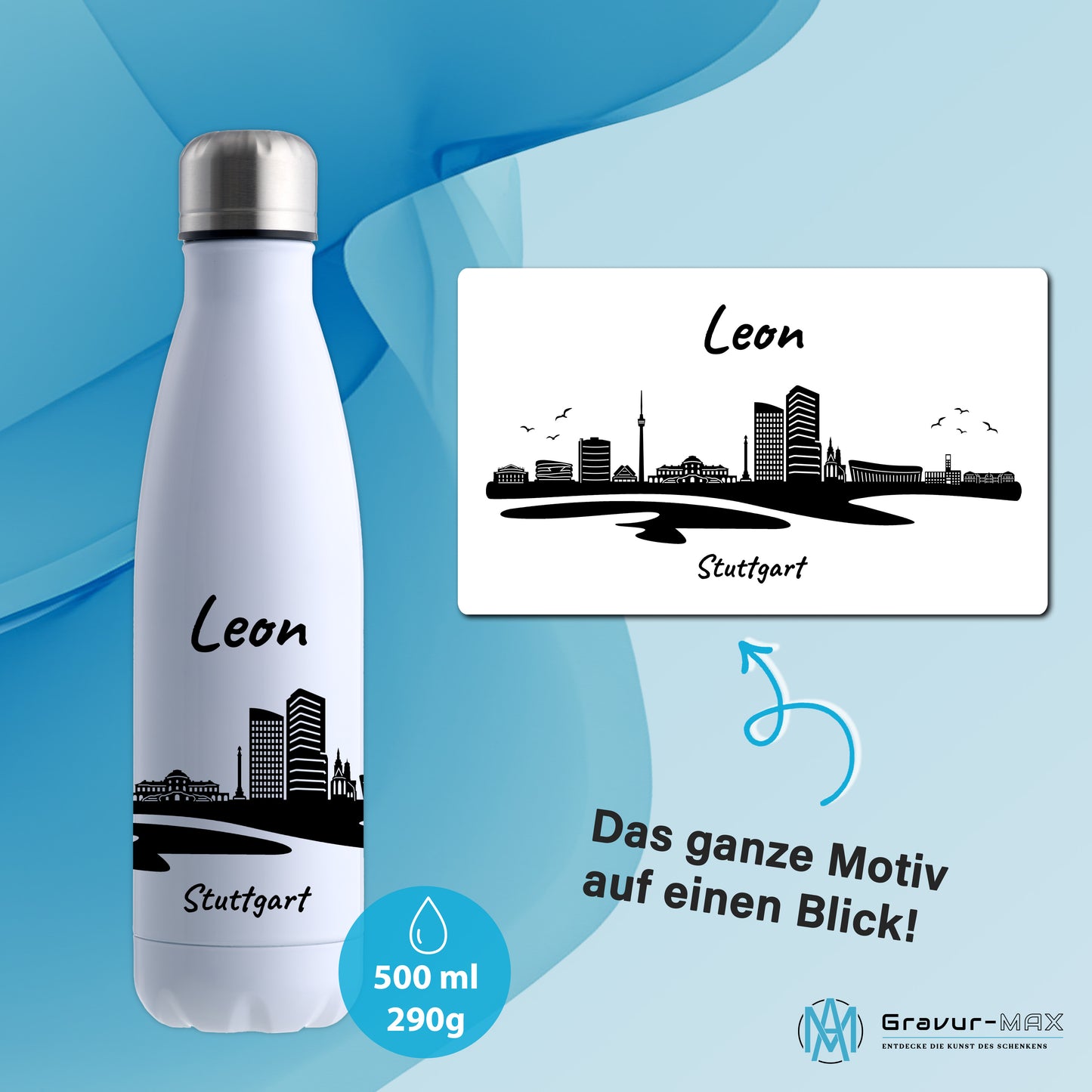 Trinkflasche in Weiß 500ml aus Edelstahl bedruckt mit der Skyline von Stuttgart personalisierbar mit Wunschname