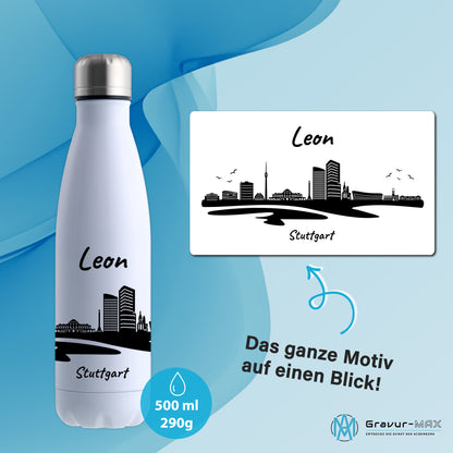 Trinkflasche in Weiß 500ml aus Edelstahl bedruckt mit der Skyline von Stuttgart personalisierbar mit Wunschname