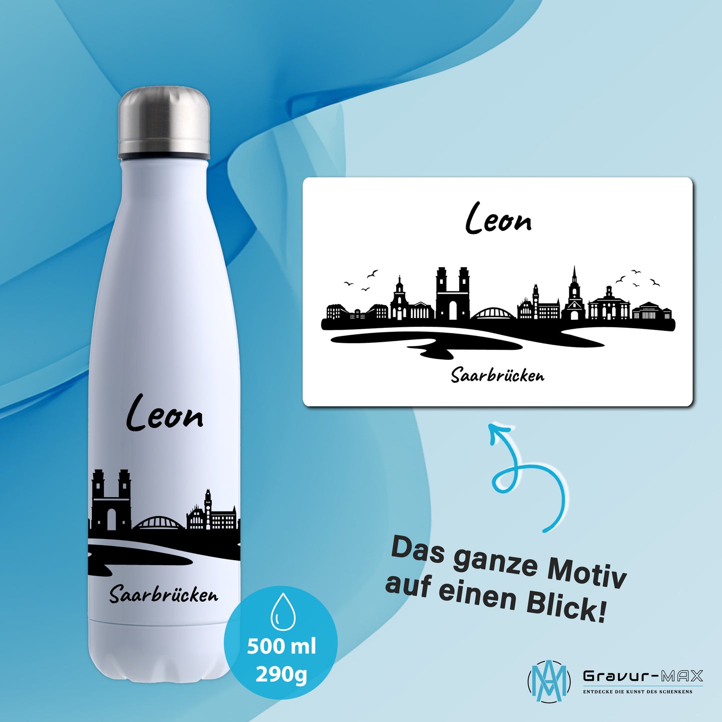 Trinkflasche in Weiß 500ml aus Edelstahl bedruckt mit der Skyline von Saarbrücken personalisierbar mit Wunschname