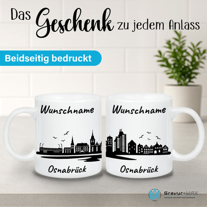 Tasse in Weiß 330ml bedruckt mit der Skyline von Osnabrück personalisierbar mit Wunschname