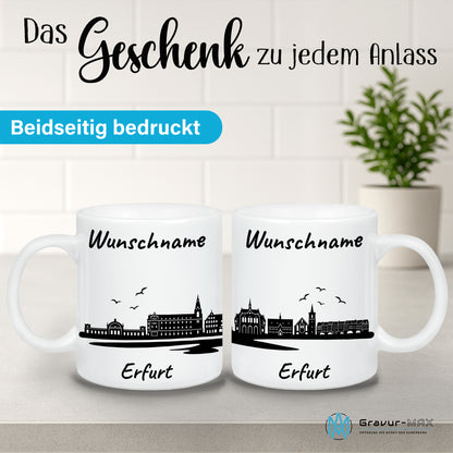 Tasse in Weiß 330ml bedruckt mit der Skyline von Erfurt personalisierbar mit Wunschname