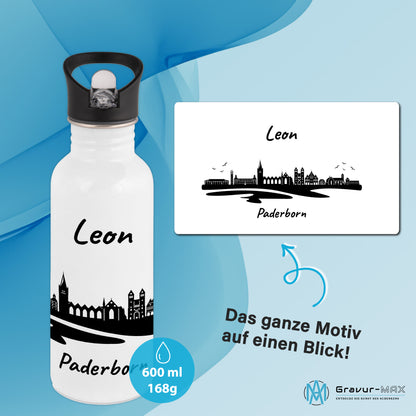 Trinkflasche in Weiß 600ml aus Edelstahl bedruckt mit der Skyline von Paderborn personalisierbar mit Wunschname