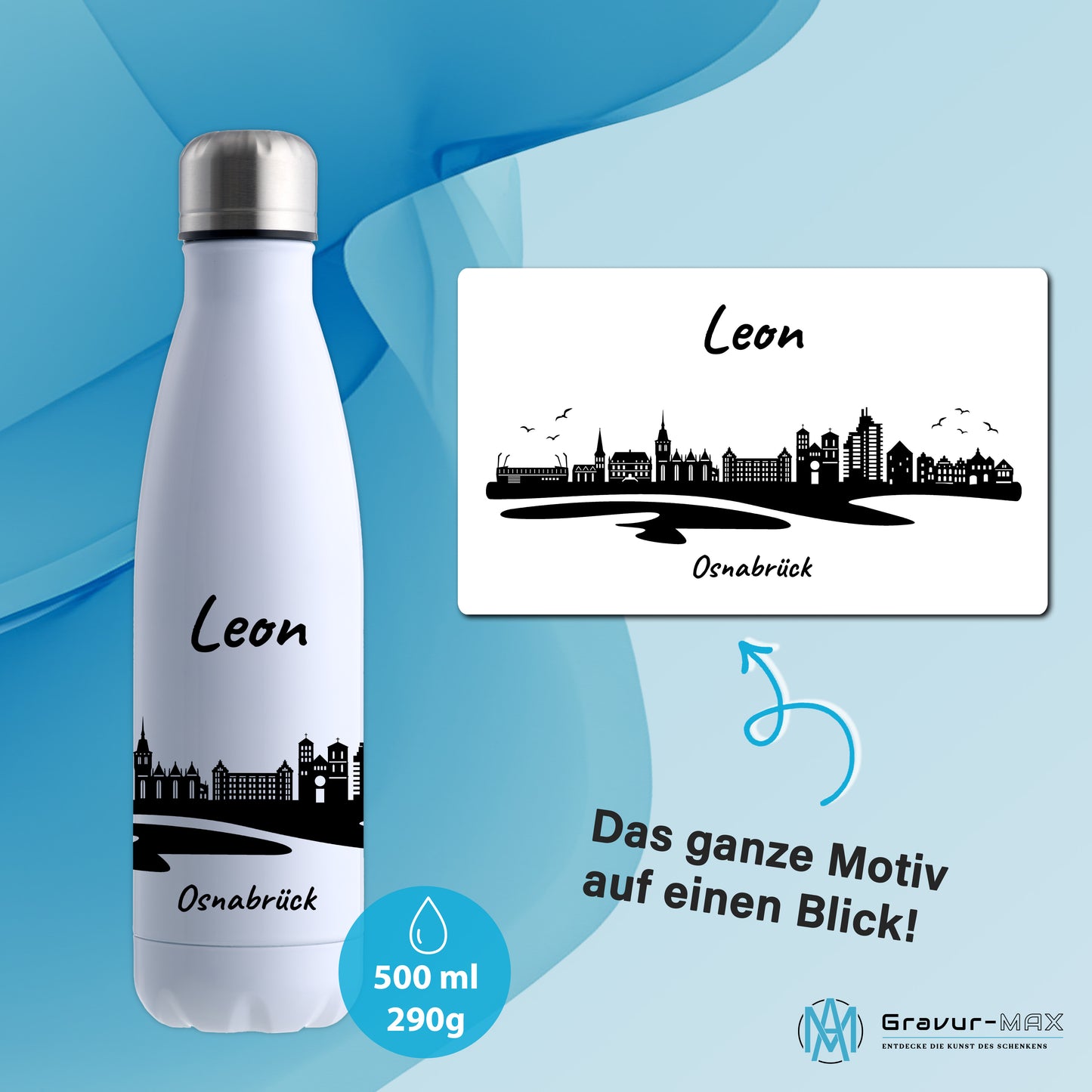 Trinkflasche in Weiß 500ml aus Edelstahl bedruckt mit der Skyline von Osnabrück personalisierbar mit Wunschname