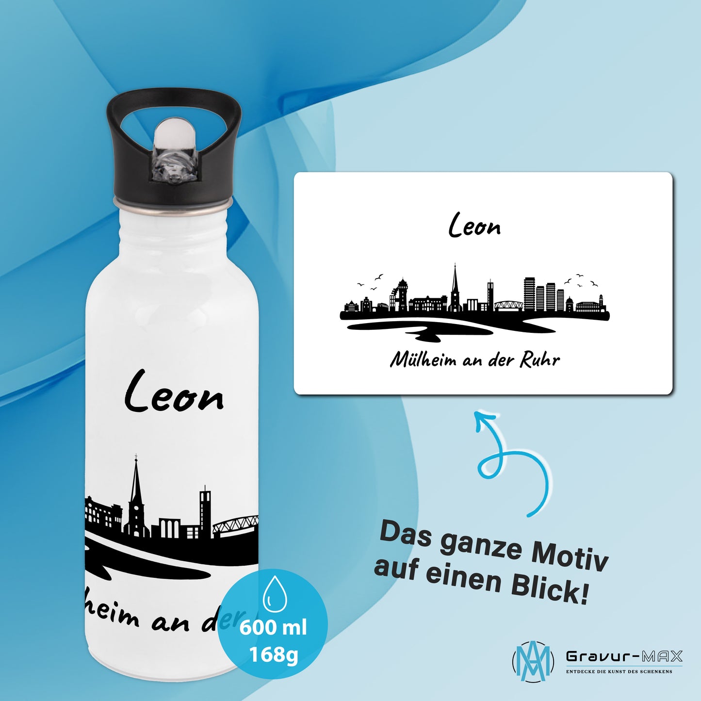Trinkflasche in Weiß 600ml aus Edelstahl bedruckt mit der Skyline von Mülheim an der Ruhr personalisierbar mit Wunschname