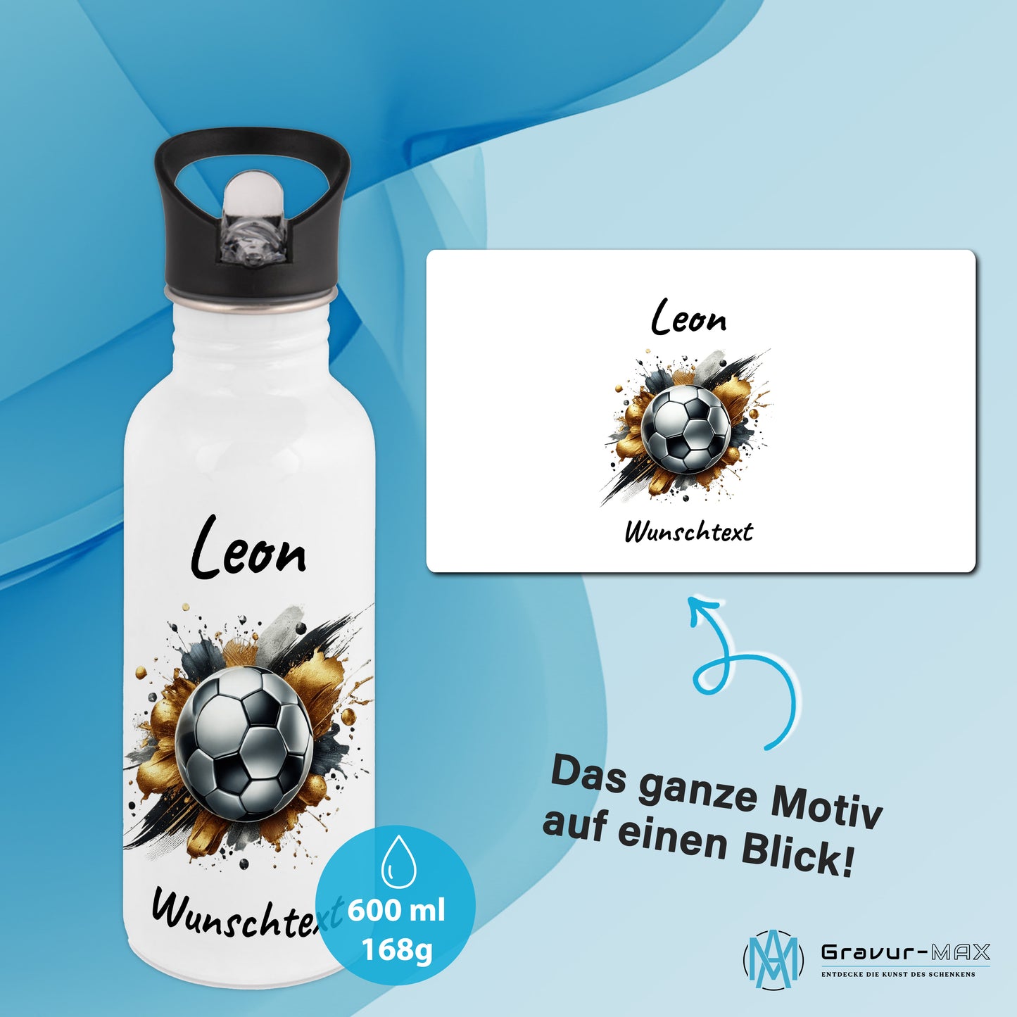 Trinkflasche mit Strohhalm in Weiß 600ml bedruckt mit Fußball Motiven"Motiv13" personalisierbar für Kinder mit Wunschname aus Edelstahl