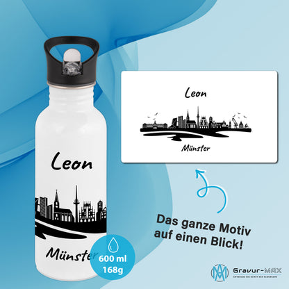 Trinkflasche in Weiß 600ml aus Edelstahl bedruckt mit der Skyline von Münster personalisierbar mit Wunschname
