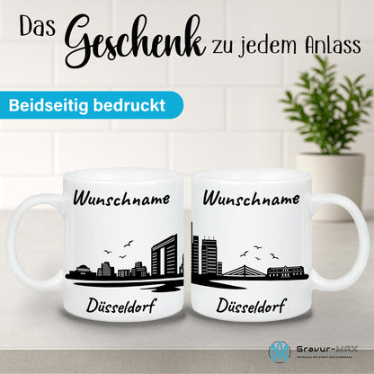 Tasse in Weiß 330ml bedruckt mit der Skyline von Düsseldorf personalisierbar mit Wunschname