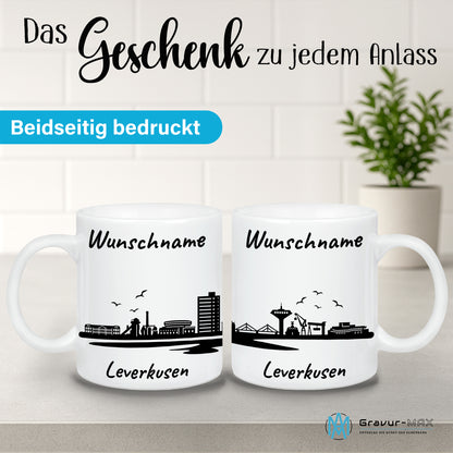 Tasse in Weiß 330ml bedruckt mit der Skyline von Leverkusen personalisierbar mit Wunschname