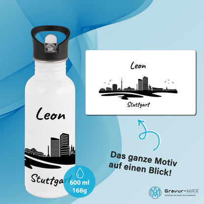 Trinkflasche in Weiß 600ml aus Edelstahl bedruckt mit der Skyline von Stuttgart personalisierbar mit Wunschname