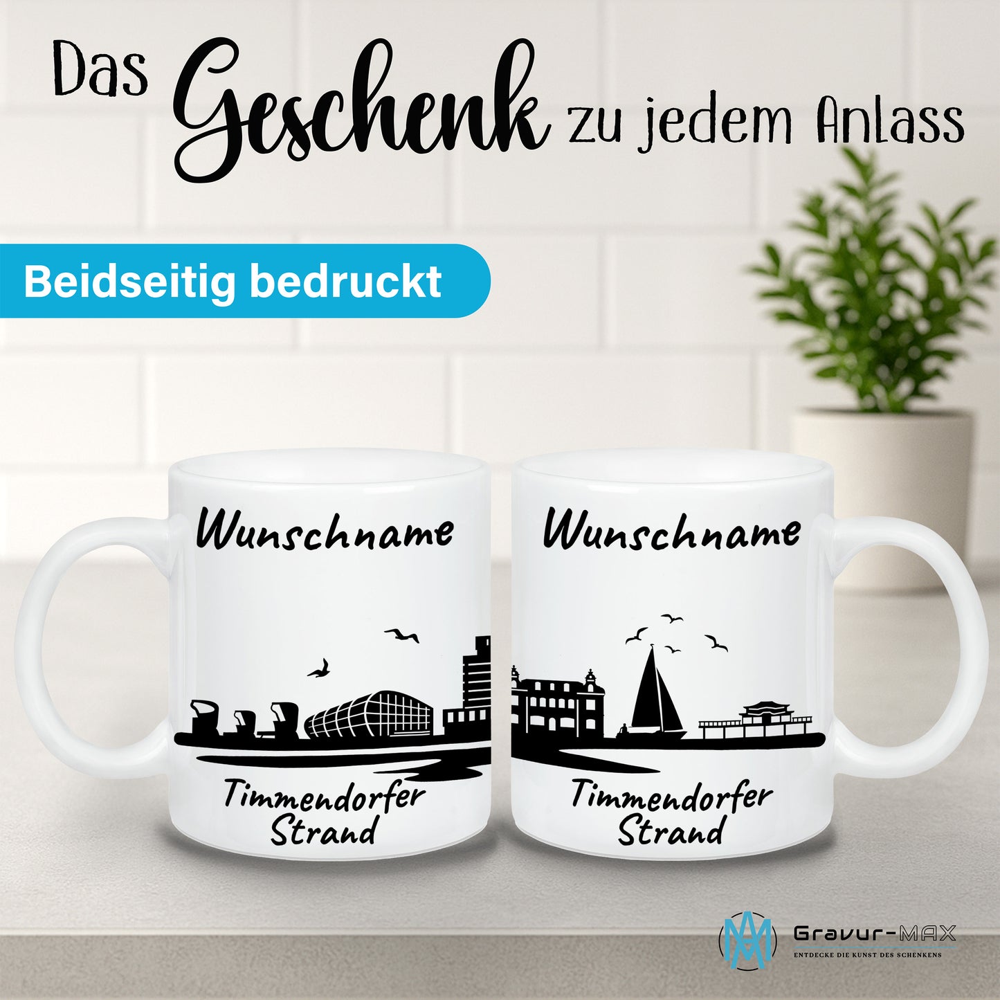 Tasse in Weiß 330ml bedruckt mit der Skyline von Timmendorfer Strand personalisierbar mit Wunschname