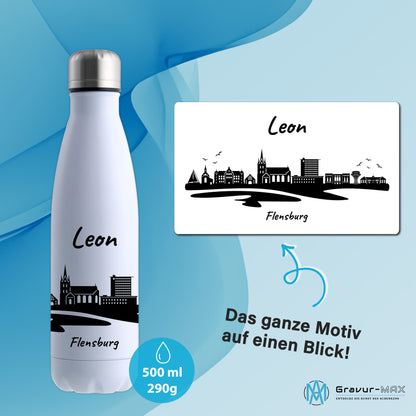 Trinkflasche in Weiß 500ml aus Edelstahl bedruckt mit der Skyline von Flensburg personalisierbar mit Wunschname