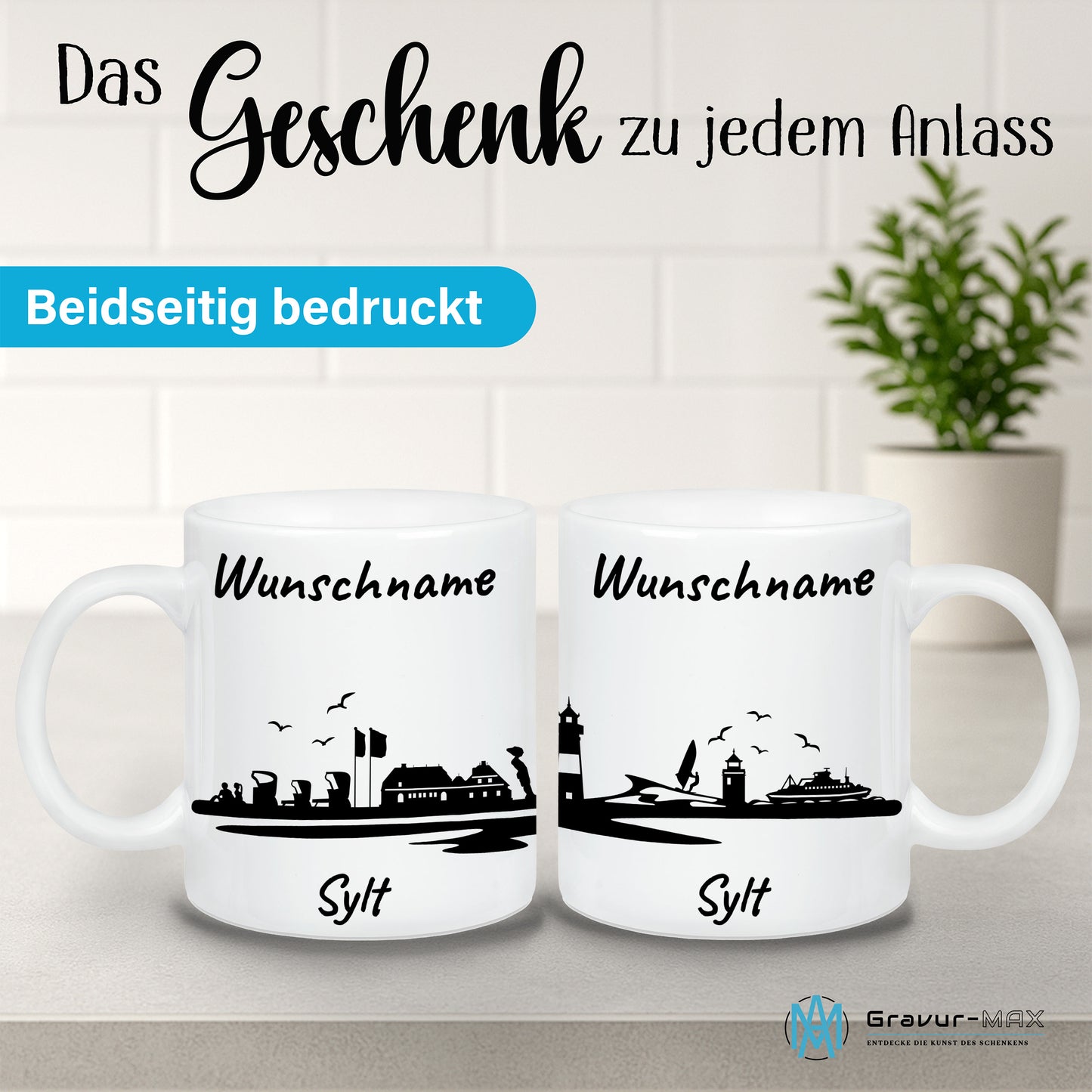 Tasse in Weiß 330ml bedruckt mit der Skyline von Sylt personalisierbar mit Wunschname