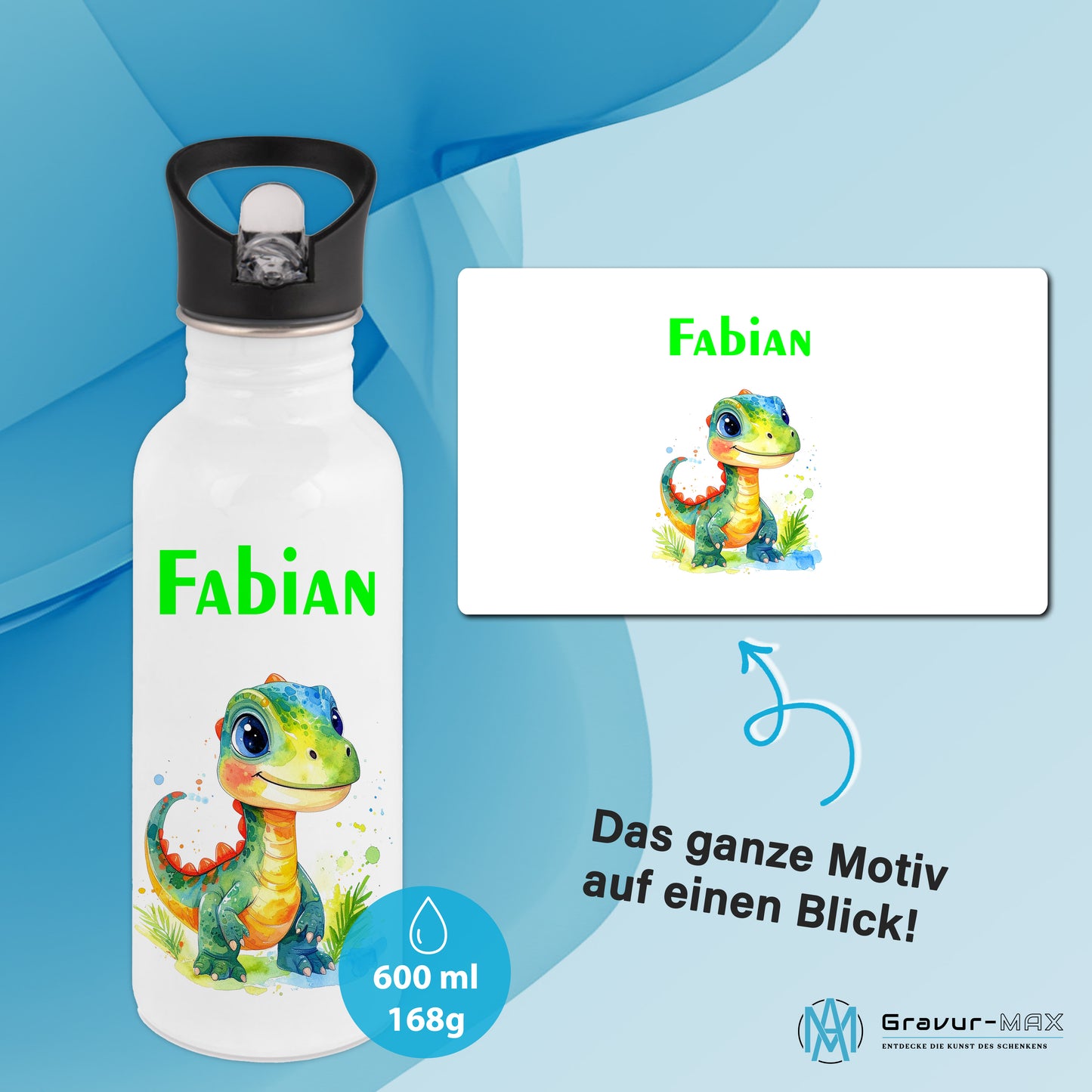 Trinkflasche mit Strohhalm in Weiß 600ml bedruckt mit tollen Motiven für Kinder "Dino Kinder" personalisierbar für Kinder mit Wunschname aus Edelstahl