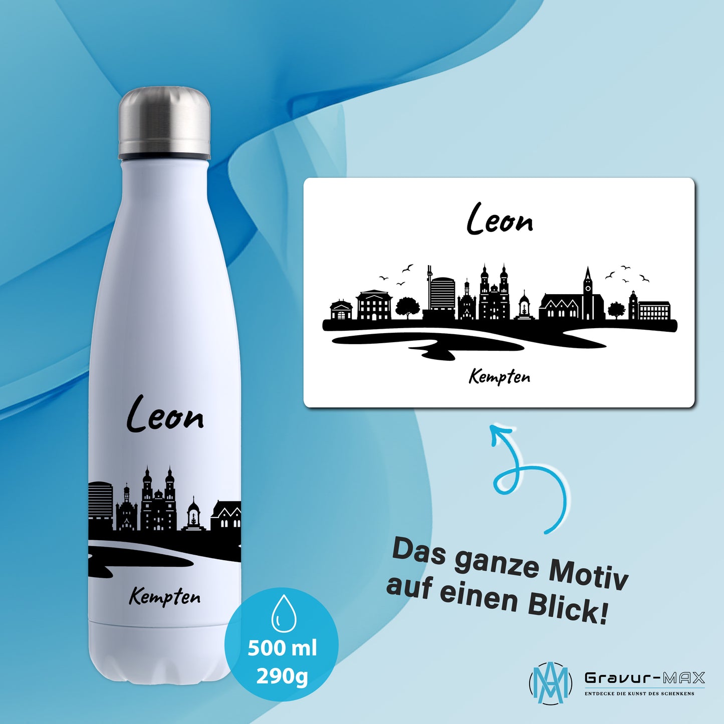 Trinkflasche in Weiß 500ml aus Edelstahl bedruckt mit der Skyline von Kempten personalisierbar mit Wunschname