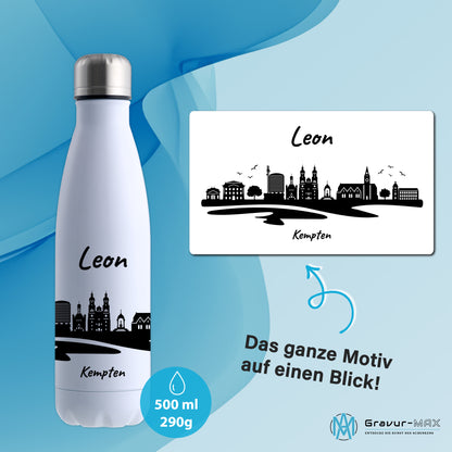 Trinkflasche in Weiß 500ml aus Edelstahl bedruckt mit der Skyline von Kempten personalisierbar mit Wunschname