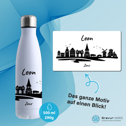 Trinkflasche in Weiß 500ml aus Edelstahl bedruckt mit der Skyline von Zons (Dormagen) personalisierbar mit Wunschname
