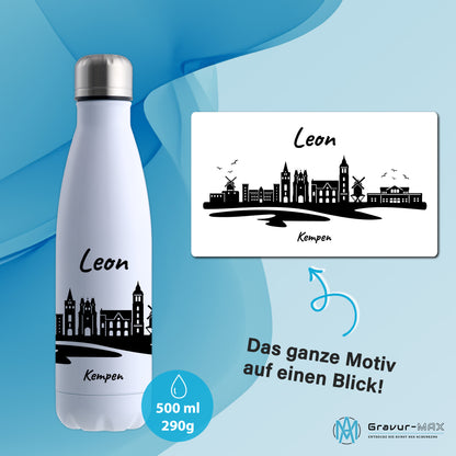 Trinkflasche in Weiß 500ml aus Edelstahl bedruckt mit der Skyline von Kempen personalisierbar mit Wunschname