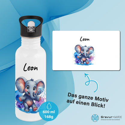 Trinkflasche mit Strohhalm in Weiß 600ml bedruckt mit niedlichen Tieren"Elefant" personalisierbar für Kinder mit Wunschname aus Edelstahl