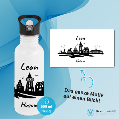 Trinkflasche in Weiß 600ml aus Edelstahl bedruckt mit der Skyline von Husum personalisierbar mit Wunschname
