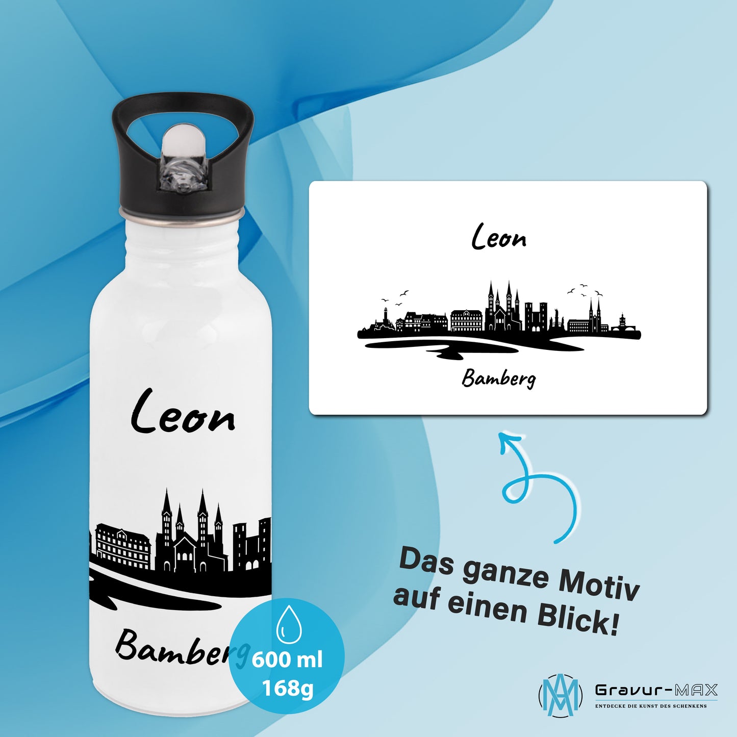 Trinkflasche in Weiß 600ml aus Edelstahl bedruckt mit der Skyline von Bamberg personalisierbar mit Wunschname