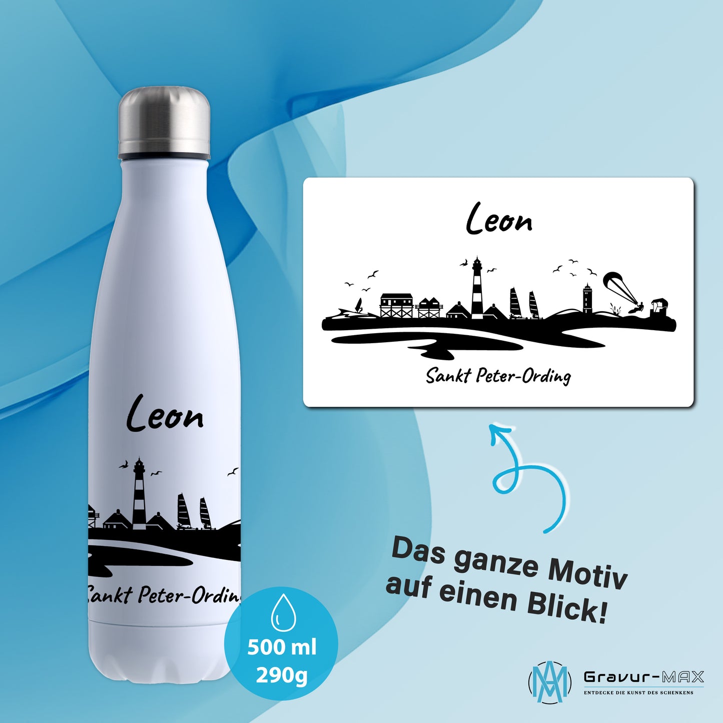 Trinkflasche in Weiß 500ml aus Edelstahl bedruckt mit der Skyline von Sankt Peter-Ording personalisierbar mit Wunschname