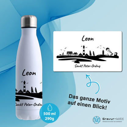 Trinkflasche in Weiß 500ml aus Edelstahl bedruckt mit der Skyline von Sankt Peter-Ording personalisierbar mit Wunschname