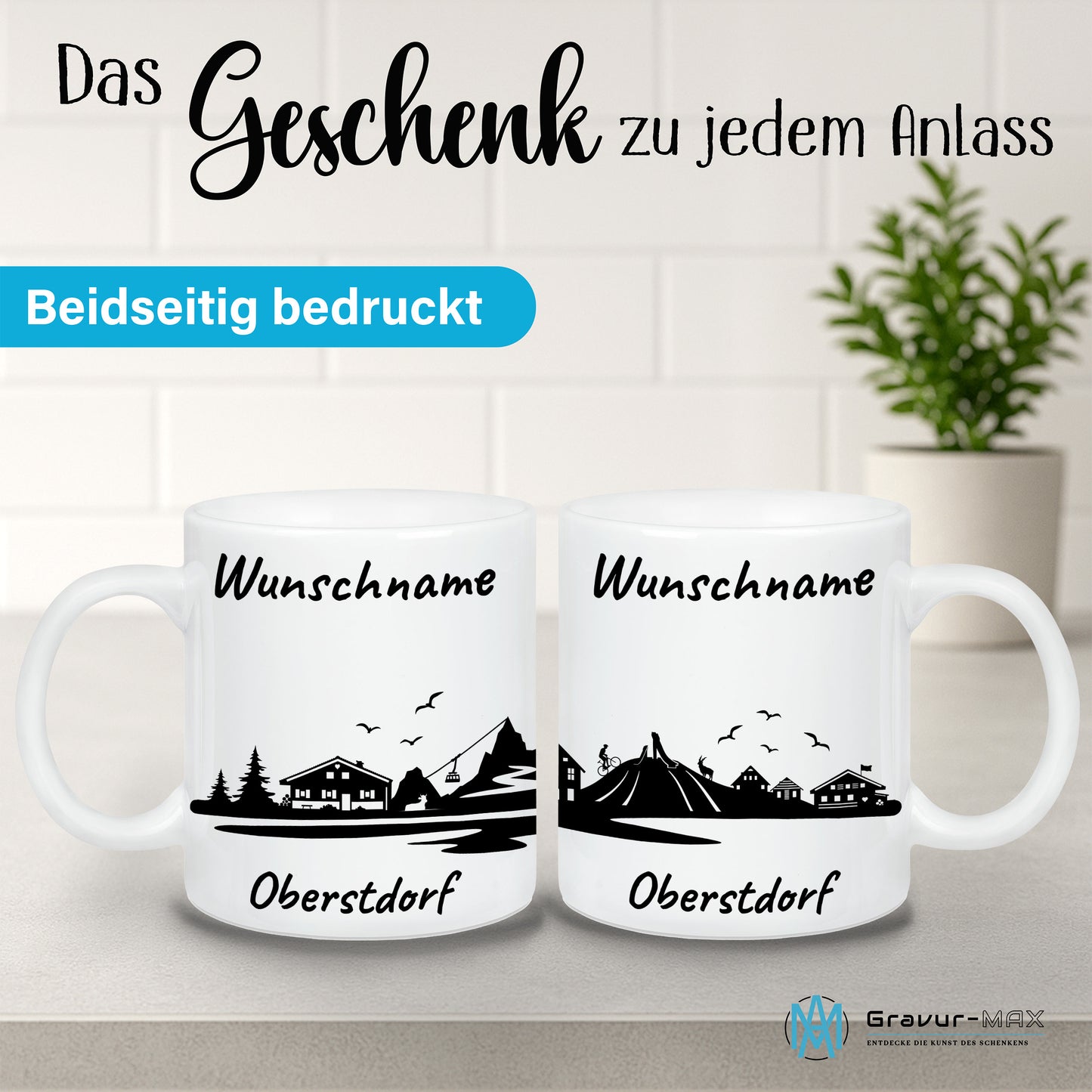 Tasse in Weiß 330ml bedruckt mit der Skyline von Oberstdorf personalisierbar mit Wunschname