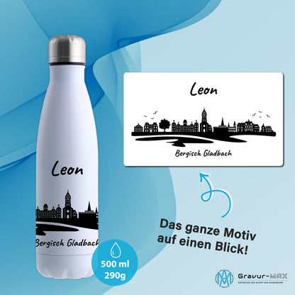 Trinkflasche in Weiß 500ml aus Edelstahl bedruckt mit der Skyline von Bergisch Gladbach personalisierbar mit Wunschname