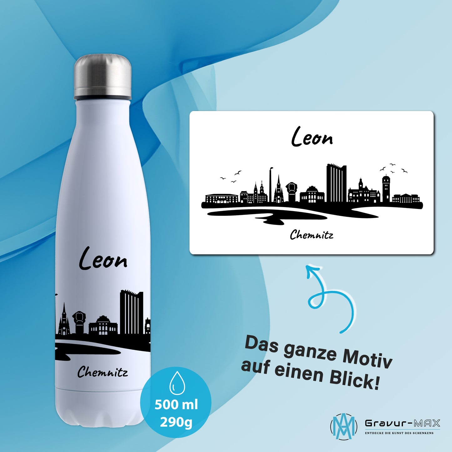 Trinkflasche in Weiß 500ml aus Edelstahl bedruckt mit der Skyline von Chemnitz personalisierbar mit Wunschname