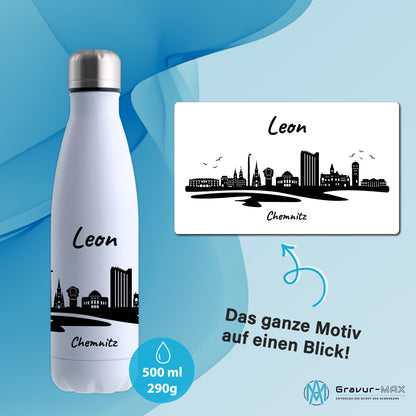 Trinkflasche in Weiß 500ml aus Edelstahl bedruckt mit der Skyline von Chemnitz personalisierbar mit Wunschname