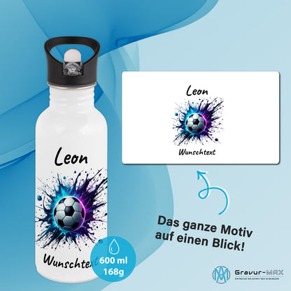 Trinkflasche mit Strohhalm in Weiß 600ml bedruckt mit Fußball Motiven"Motiv10" personalisierbar für Kinder mit Wunschname aus Edelstahl