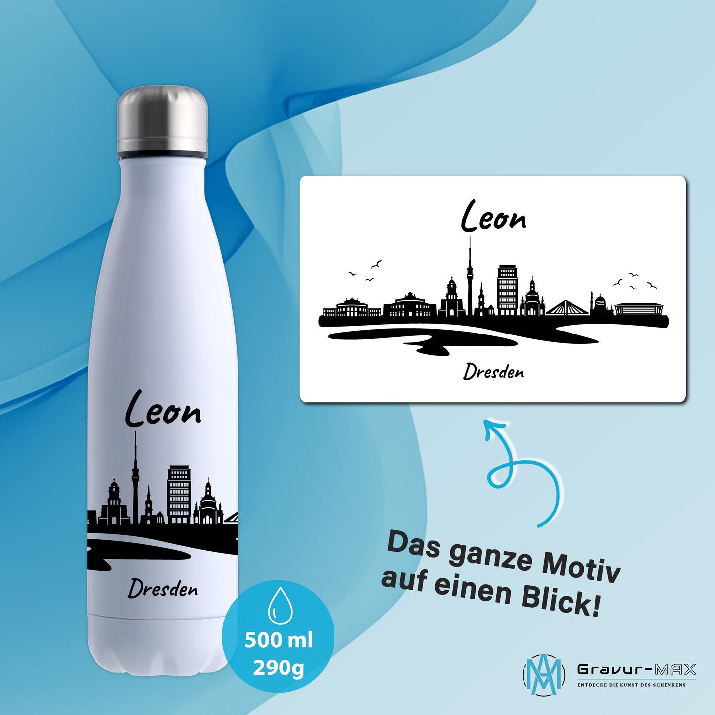 Trinkflasche in Weiß 500ml aus Edelstahl bedruckt mit der Skyline von Dresden personalisierbar mit Wunschname