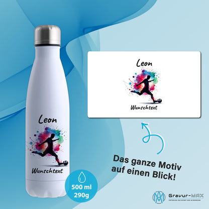 Thermoflasche 500ml in Weiß aus Edelstahl bedruckt "Fußball" Motiv4 personalisierbar mit Wunschname & Text