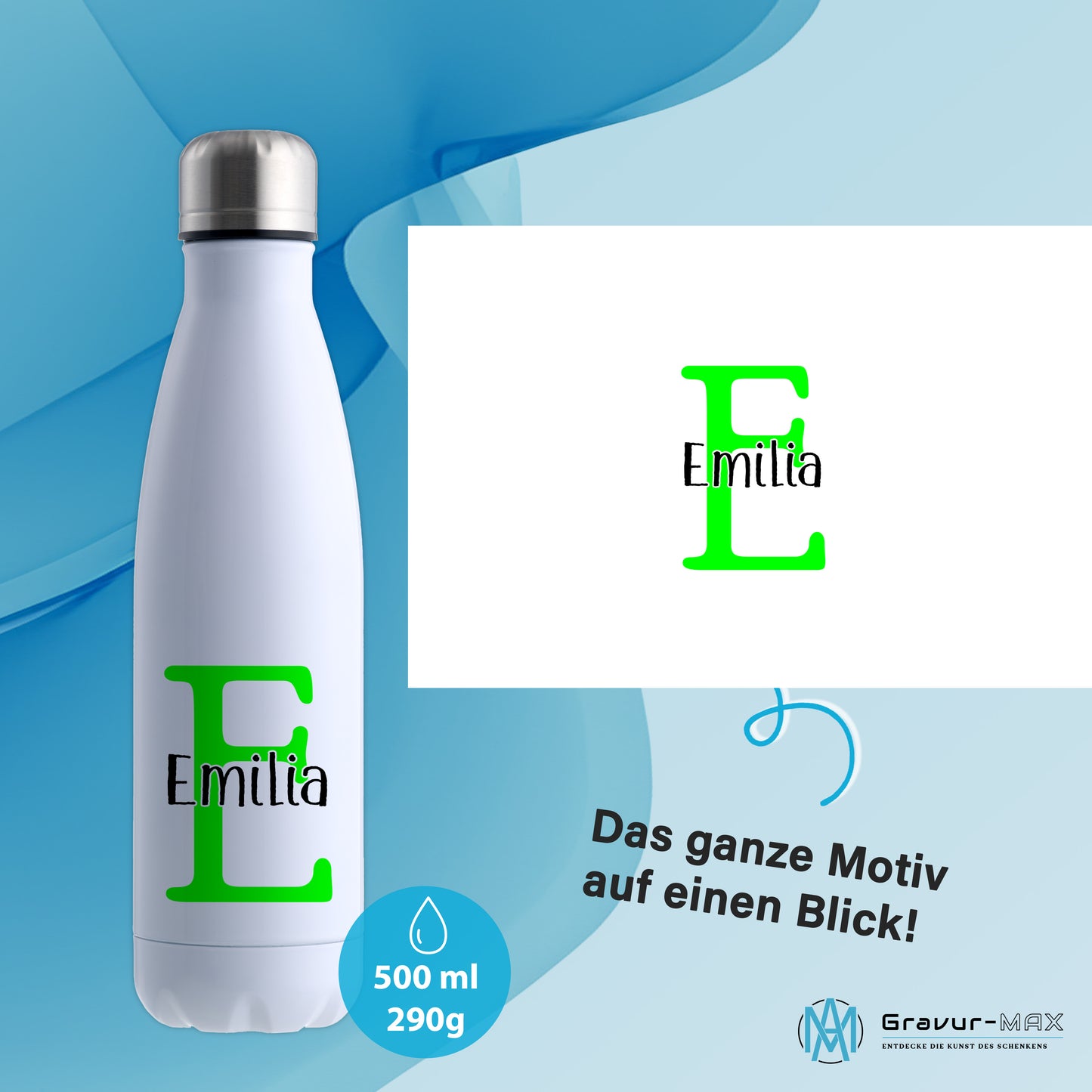 Thermoflasche 500ml aus Edelstahl in Weiß personalisierbar mit Wunschname auslaufsichere Trinkflasche