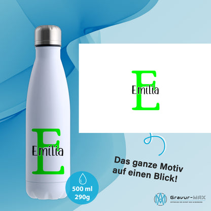 Thermoflasche 500ml aus Edelstahl in Weiß personalisierbar mit Wunschname auslaufsichere Trinkflasche