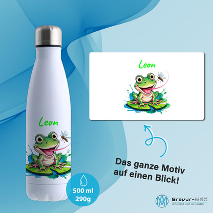 Trinkflasche in Weiß 500ml aus Edelstahl bedruckt mit niedlichen Tieren "Frosch" personalisierbar für Kinder mit Wunschname