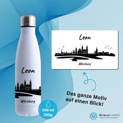 Trinkflasche in Weiß 500ml aus Edelstahl bedruckt mit der Skyline von Würzburg personalisierbar mit Wunschname