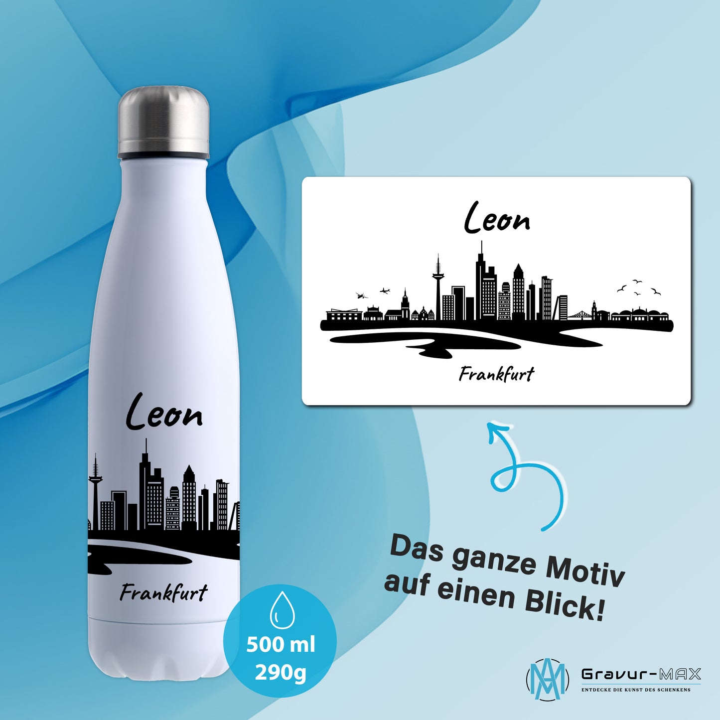 Trinkflasche in Weiß 500ml aus Edelstahl bedruckt mit der Skyline von Frankfurt personalisierbar mit Wunschname